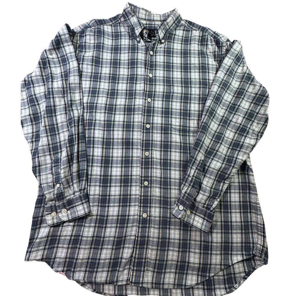 Eddie Bauer Mens Large Tall Plaid Button Down Shirt Blue White 100% Cotton L T